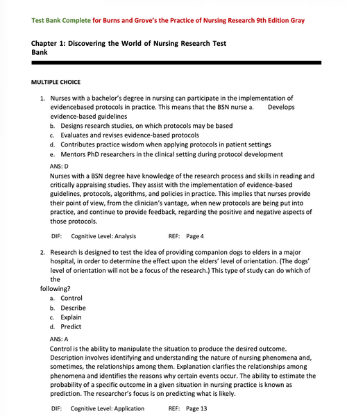 Test Bank Burns and Grove's The Practice of Nursing Research 9th Edition
